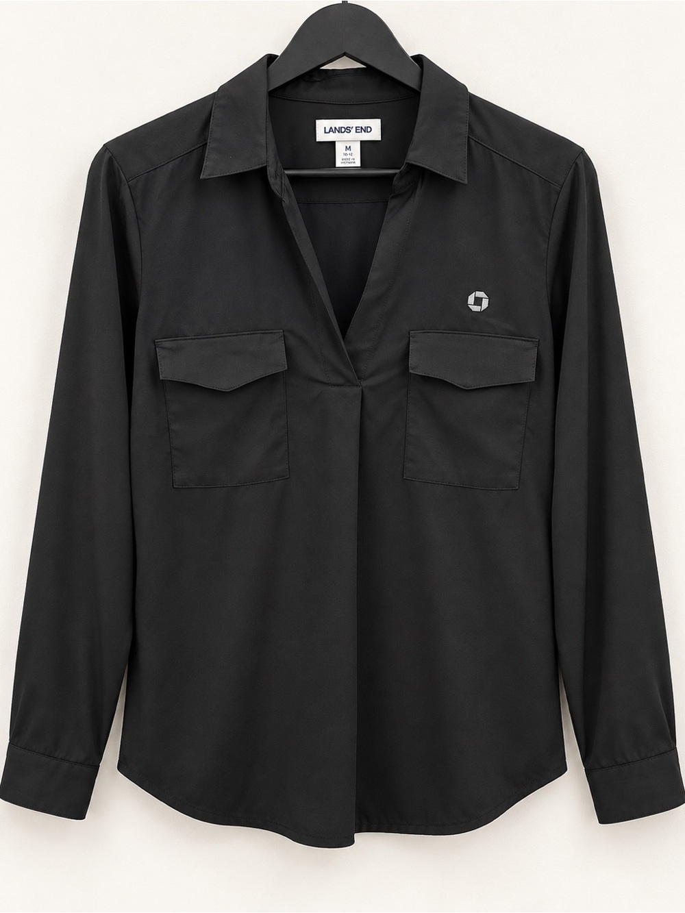 Lands' End Black V-Neck Long-Sleeve Utility Blouse